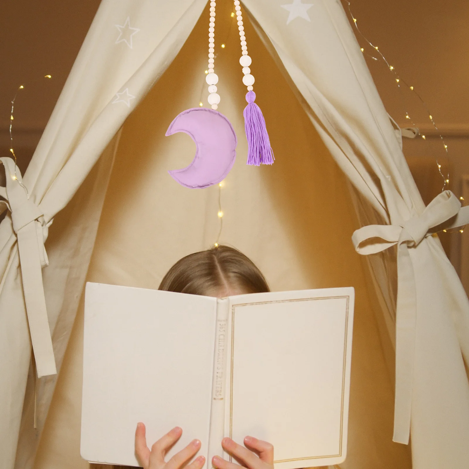 

Wooden Beads Hanging Decor Moon Shape Pendant Adorn Bed Room Wall Hanging Ornament Natural Wood Bead Garland Festive Home Decor