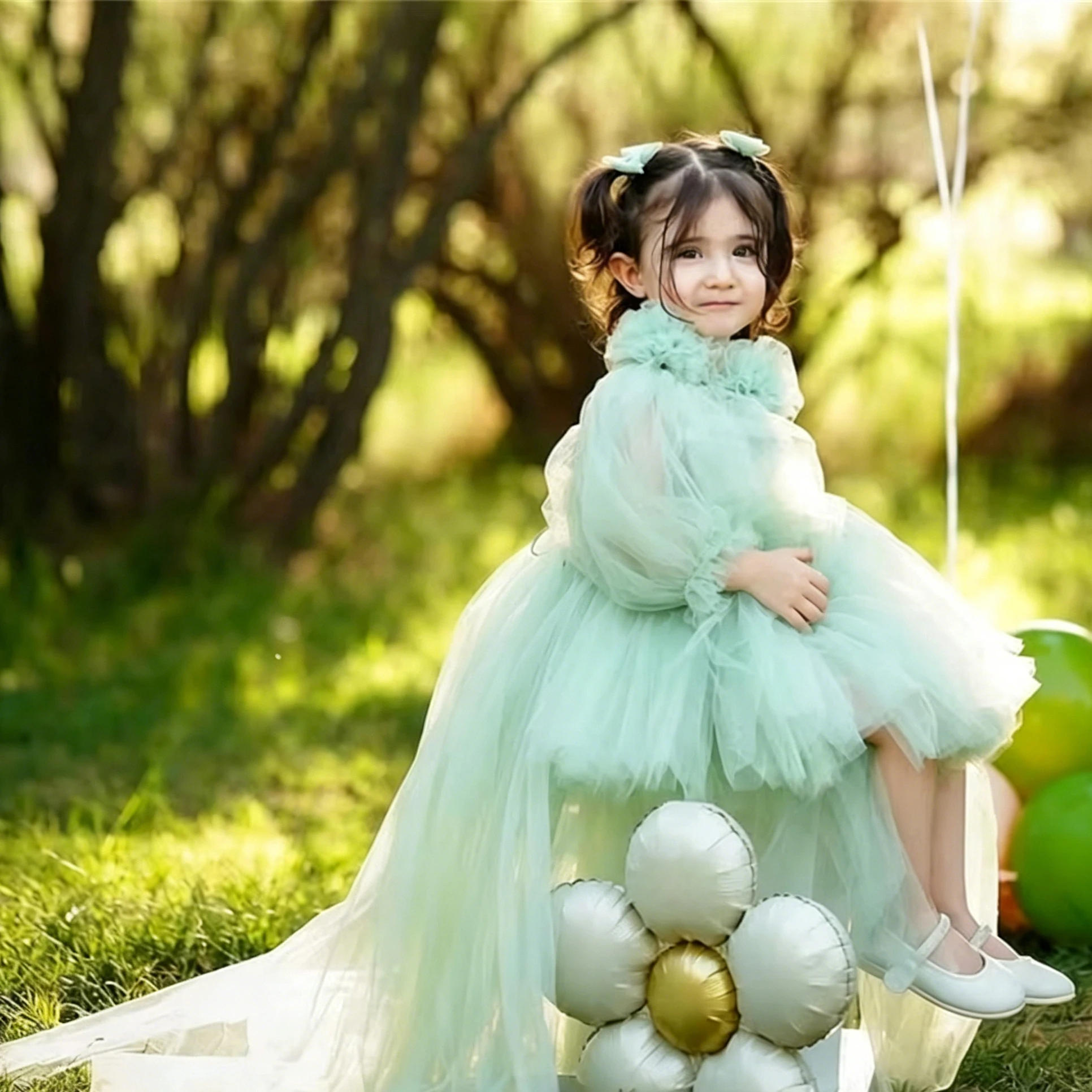 Customized Green Flower Girl Dress For Wedding Tulle Sleeveless Knee Length Elegant Kids Birthday Party First Communion Gown