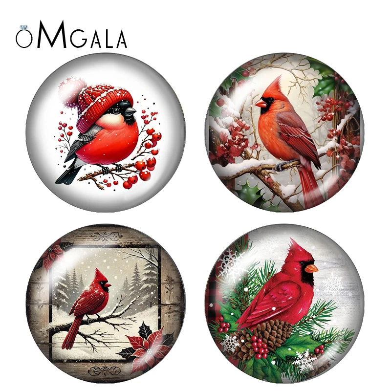 Winter Christmas Cardinals Bird Paintings 10pcs 12mm/20mm/25mm Round Photo Demo Glass Cabochon Flat Back Making Fittings