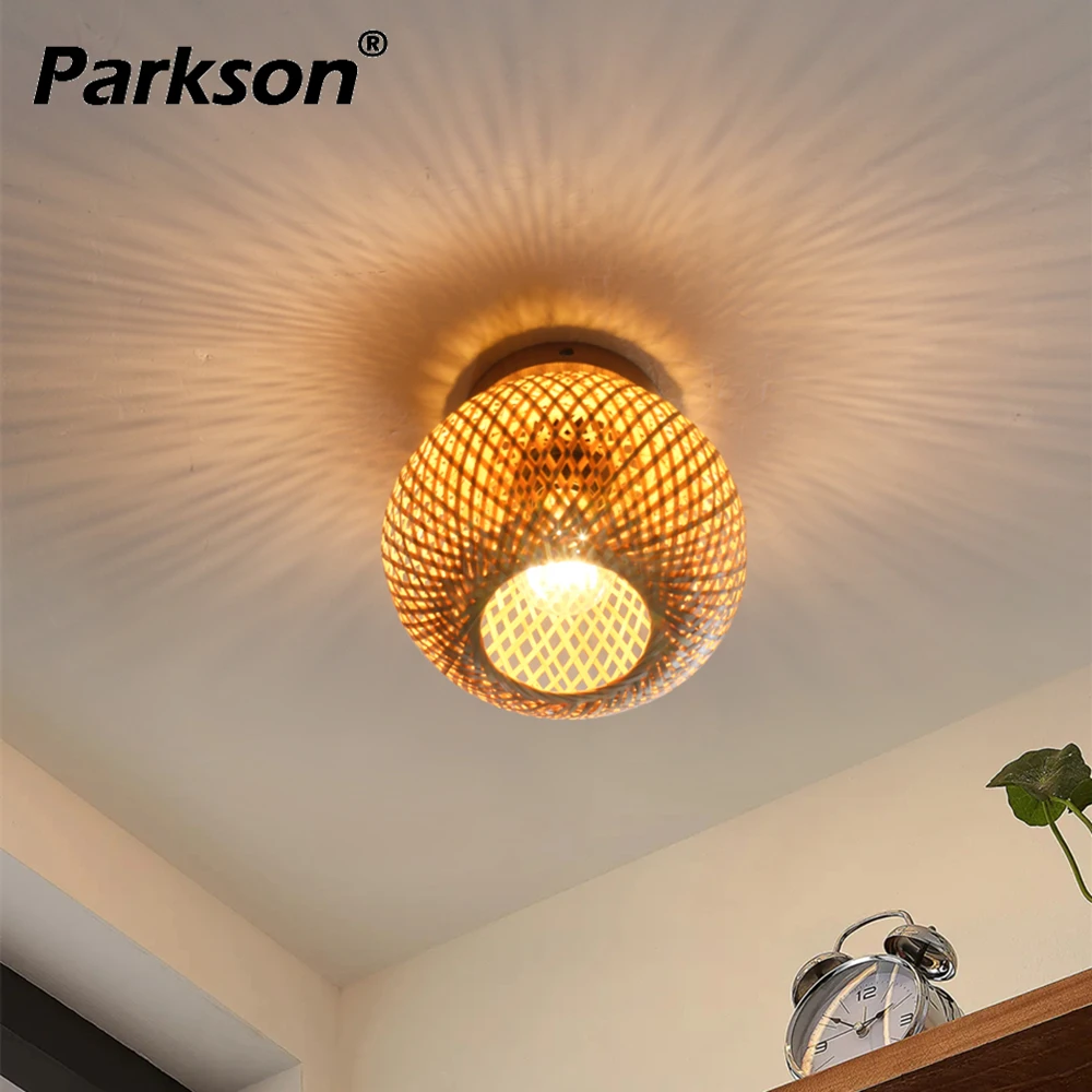 

Handmade Bamboo Weaving E27 Ceiling Lamp Corridor Lights Chinese Style Rattan Wooded Art Stair Lighting Porch light 85-220V