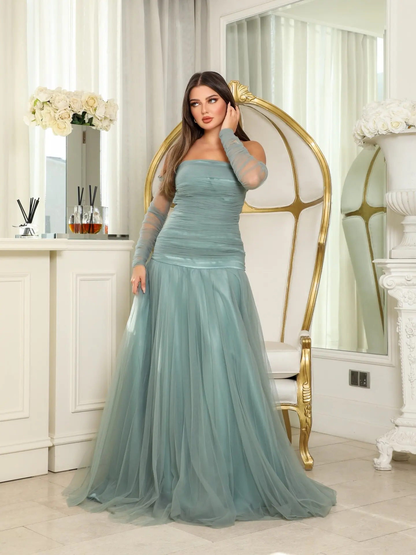 

Индивидуальное плиссированное вечернее платье русалки без бретелек со съемными рукавами и открытыми плечами из тюля Vestidos De Gala فسا