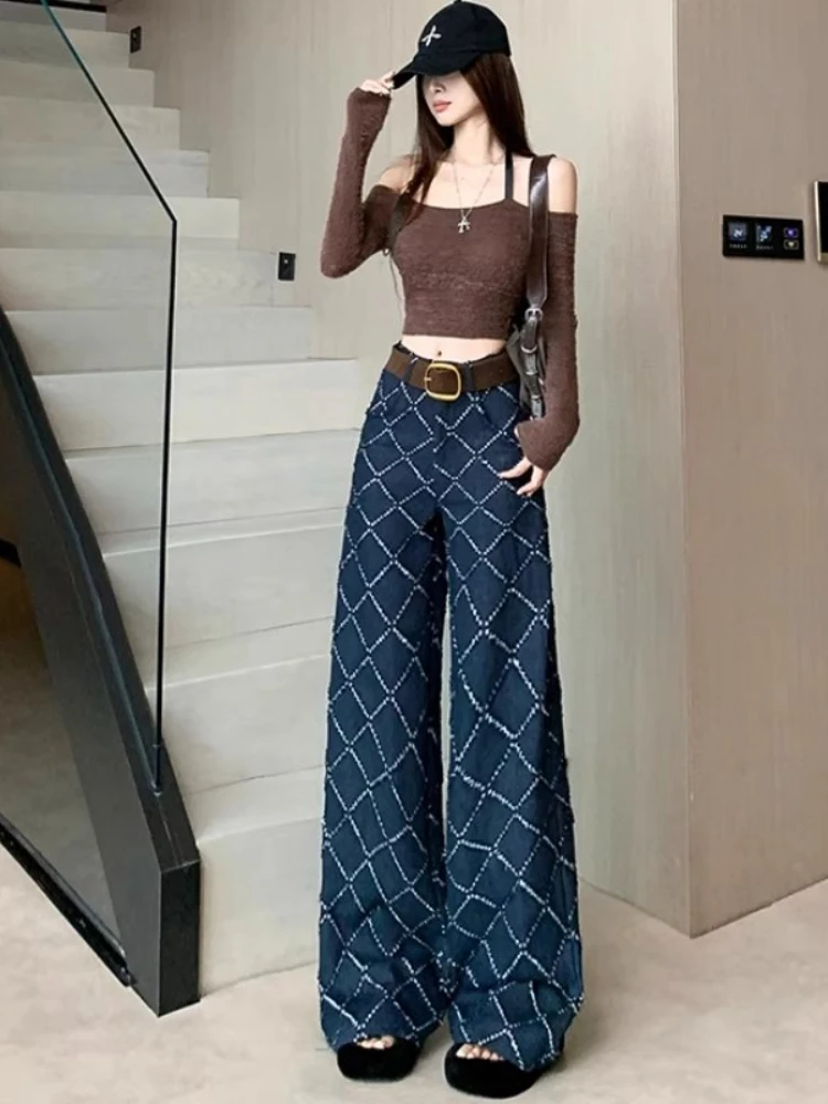 Damskie jeansy żakardowe w stylu vintage na jesień/zimę 2025, modne spodnie z wysokim stanem i szerokimi nogawkami, codzienne, uniwersalne, proste spodnie.