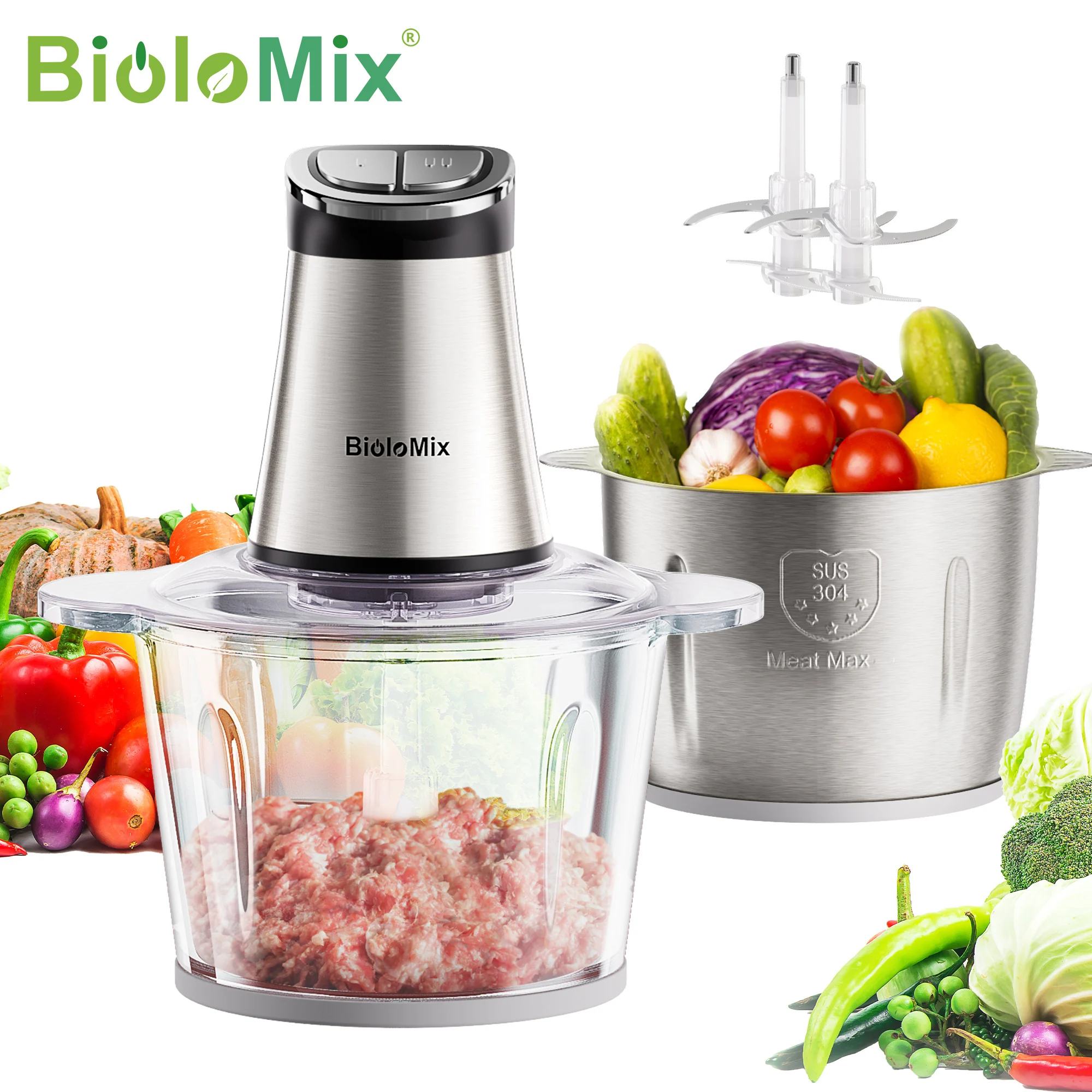 Image of BioloMix 300W Kompakter Lebensmittelzerkleinerer – 2 Rührschüsseln und 4 Klingen, entwickelt für Babymahlzeiten, Hackfleisch und Zwiebelzerkleinerung.