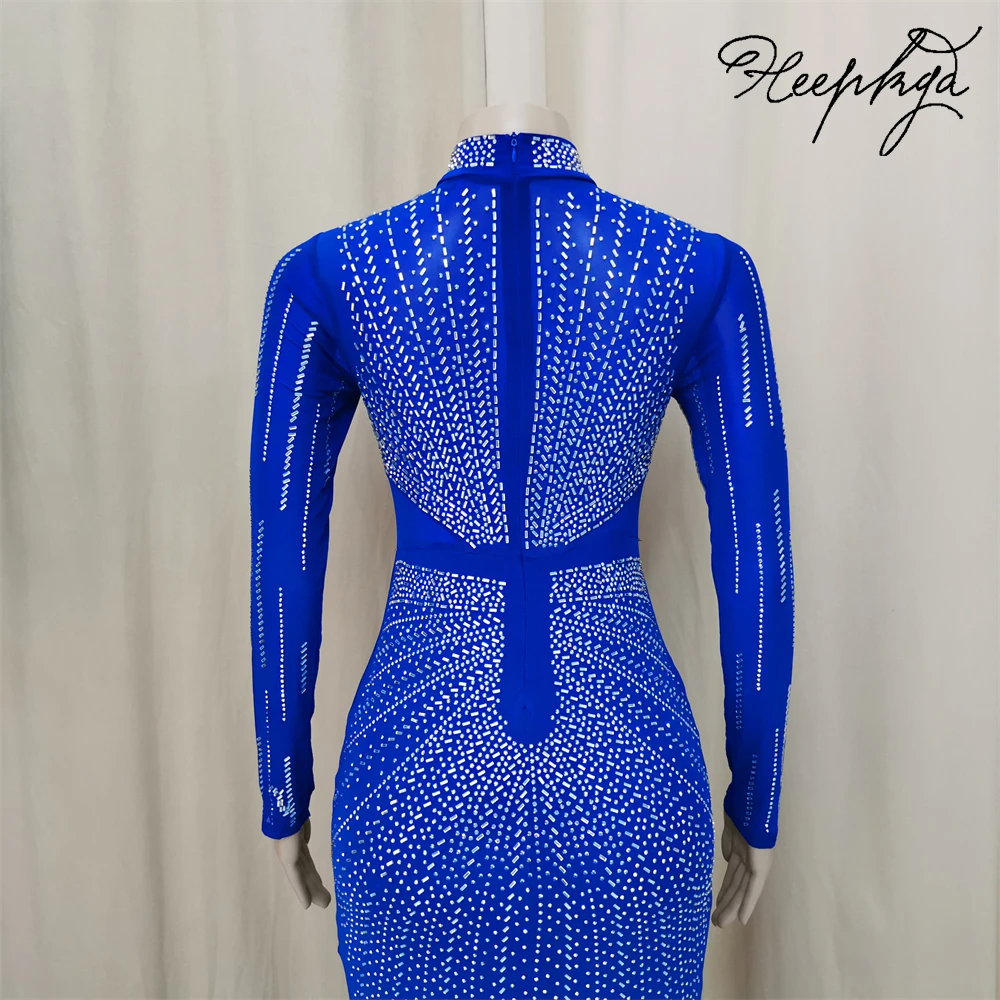 Long Sleeves Royal Blue Luxury Evening Dress High Neck Mermaid Chic Beading Crystals Women Prom Gowns For Wedding Party