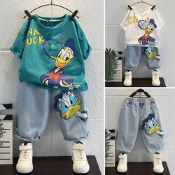 2024 Summer Kids Clothing Fashion Donald Duck T-shirt+Jeans Sets Children Cotton Short Sleeve Denim Shorts Tracksuits Clothes