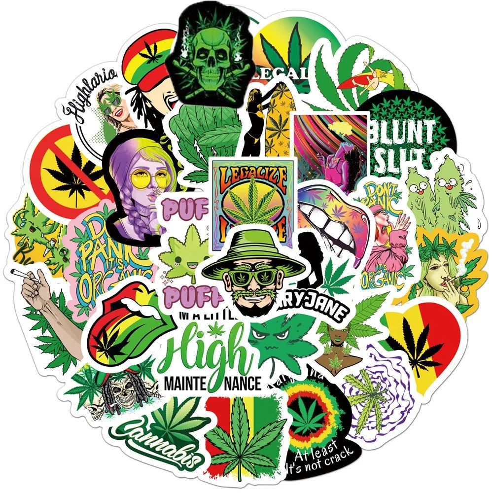 50/100PCS Cool Weed Leaves Spoof Characters Stickers Personalized Motorcycle Helmet Skateboard Waterproof Graffiti Sticker Toys