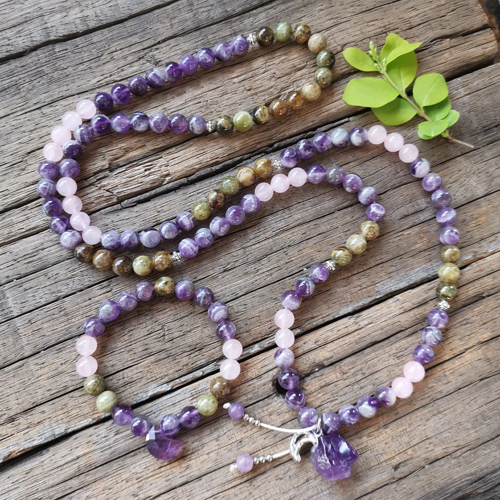 

8mm Green Garnet Rose Quartz Stone Beads,Amethyst Moon Pendant,Prayer Bracelet,Mala Necklace,Yoga Necklace,Meditation Healing