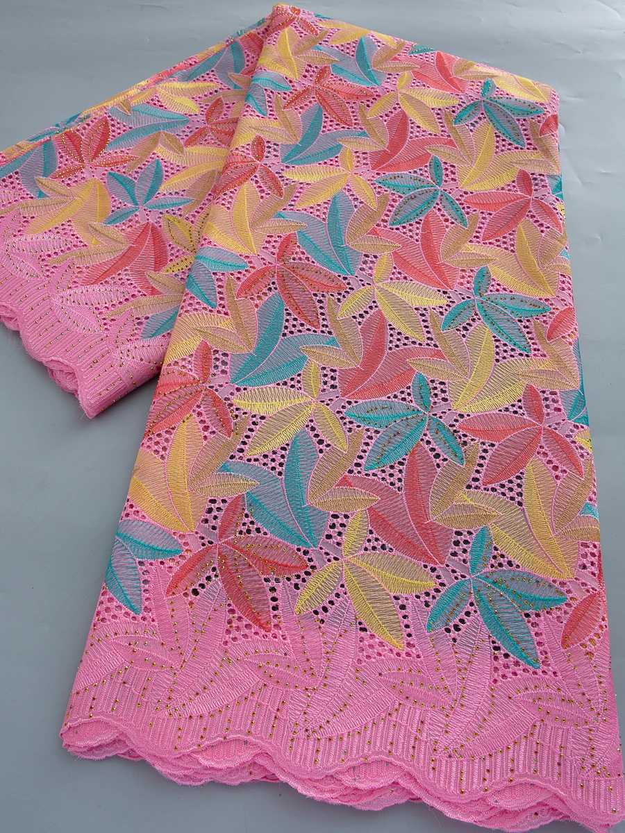 

2026 New High-Quality Pink Swiss Voile Lace Fabric, Colorful Leaf Cotton Lace with Rhinestones, For African Apparel Materials