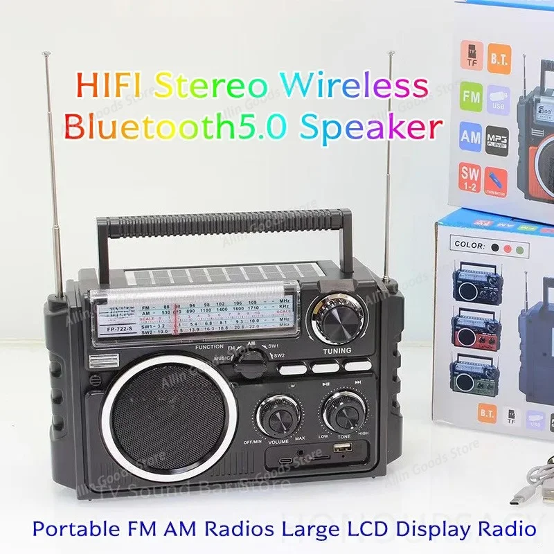 FP-722-S Dual Solar Charging AM/FM/SW1-2 4-band Radios HIFI Stereo Bluetooth Speaker Portable Mp3 Music Player Built in Speakers