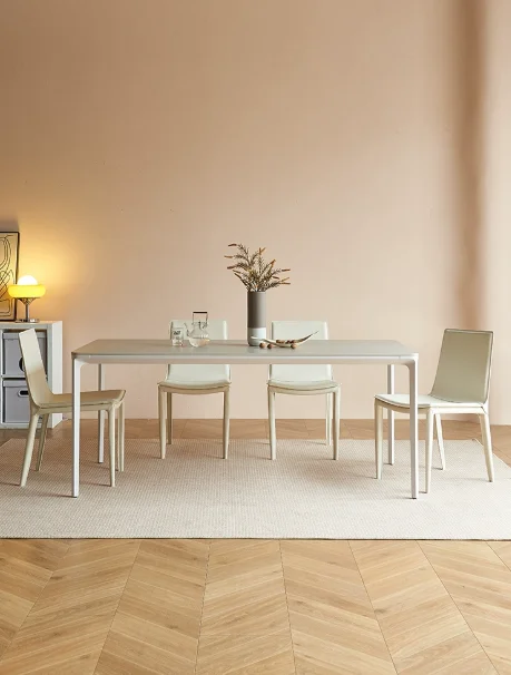 Light luxury cream dining table and chair, Italian style desk and chair, modern minimalist backrest, saddle leather stool