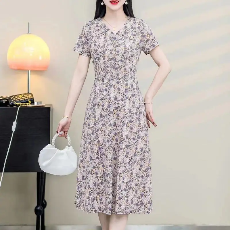 

2024 Summer New Korean Fashion Slim Short Sleeve V-Neck Button Spliced Printed Elegant Midi Women's Vacation Casual Dresses