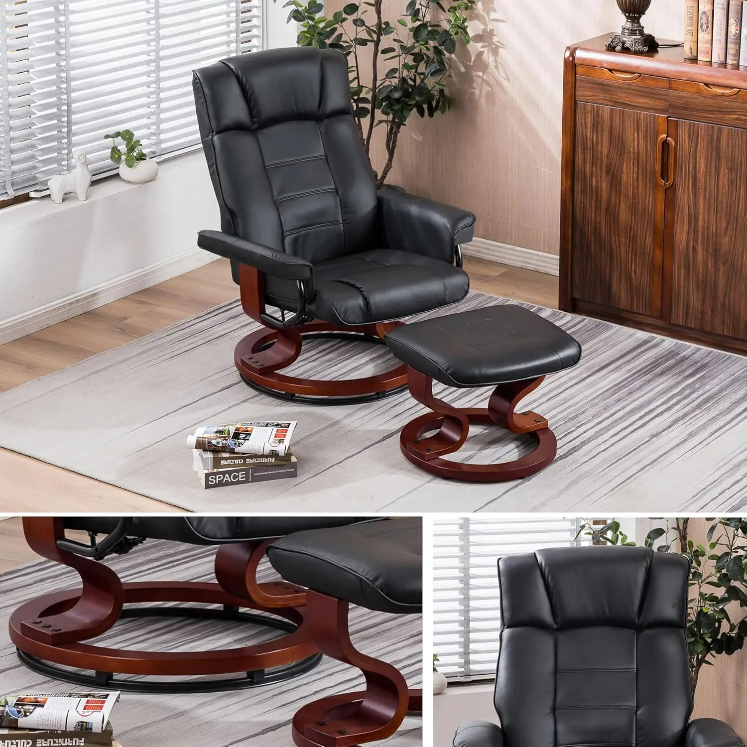 MCombo Swivel Recliner with Ottoman, Multi-Position Leisure Office Chair with Adjustable, Faux Leather Ergonomic Lounge Chairs