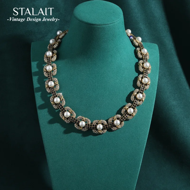 

Vintage Choker Necklace Pearl Black Antique Gold Color Jewelry Collar Rhinestones Luxury Designer High Quality 2025 Party Dress