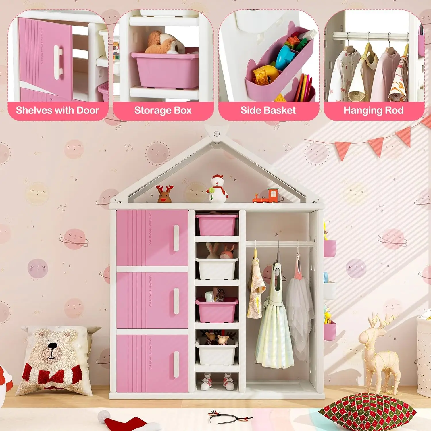 Kids Costume Storage Closet, Children Pretend Dresser Wardrobe, Open Hanging Armoire Closet with Storage Bins, Shelves