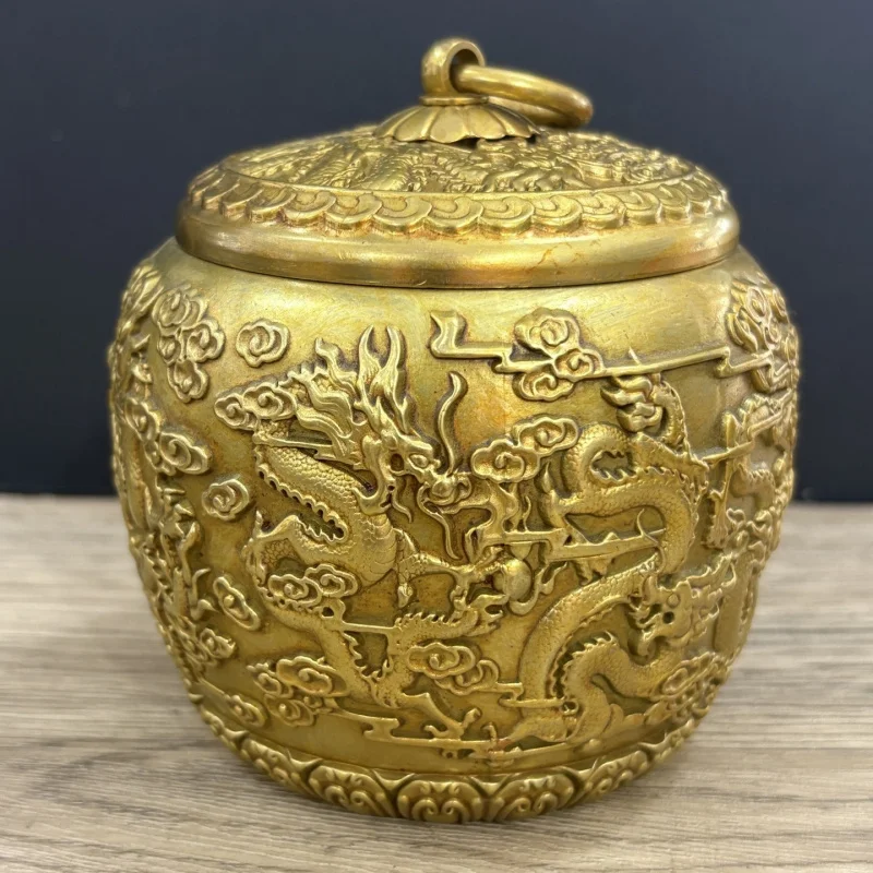 Brass , Baifu tea canister , Five Ox Dragon rice , copper jar ornament wi