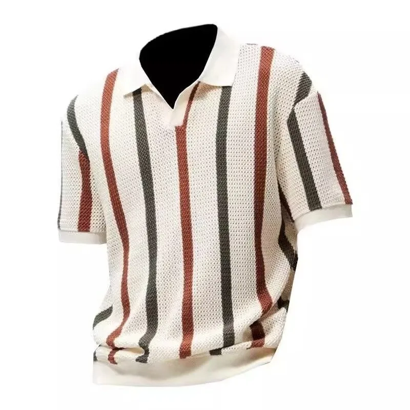 Men T Shirt Short Sleeve Knit Loose Fit T Shirts Vertical Stripe Contrast Color Stripe Tee Cream Base Rust And Charcoal Stripe