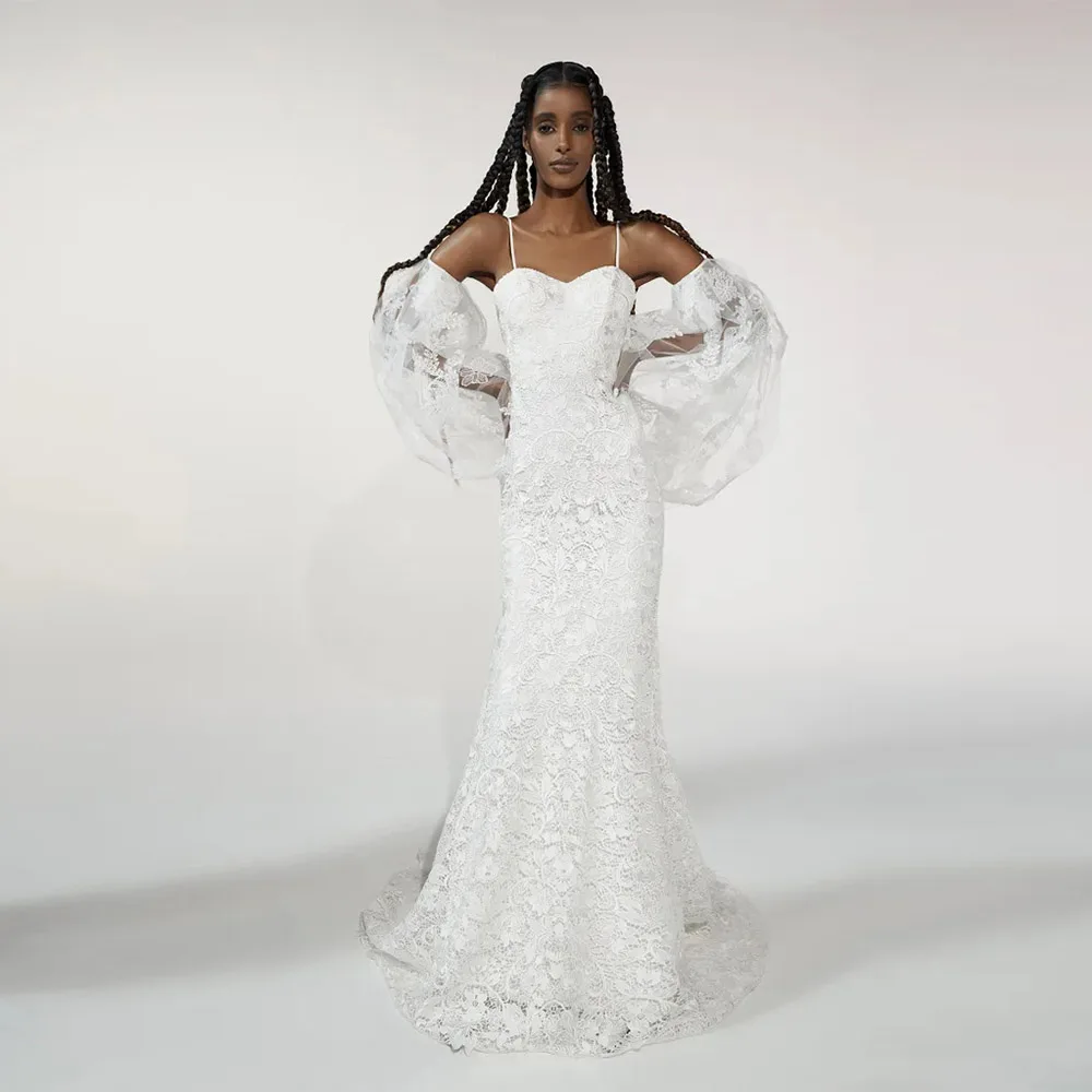 Robes de mariée sirène en dentelle, personnalisées, romantiques, manches bouffantes, jolies robes de mariée de fête pour femmes, 2025