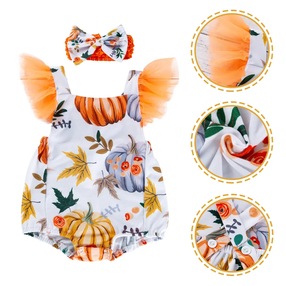 

Halloween Jumpsuit Short Sleeve Pumpkin Romper for Baby Clothes Girls Headbands Newborn Outfit Cotton Infant Toddler