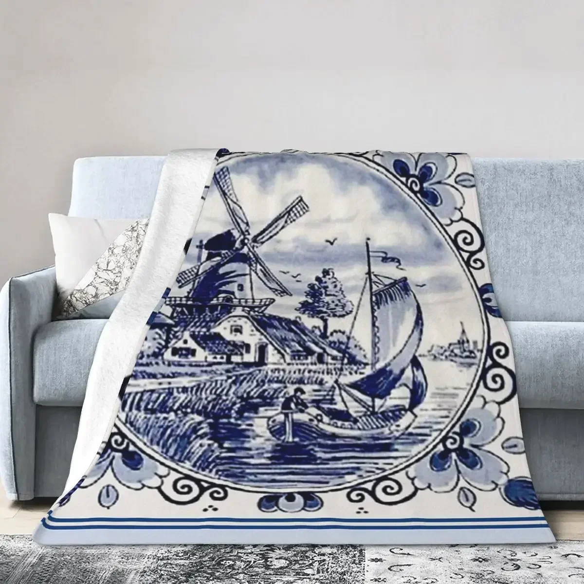 DUTCH BLUE DELFT Vintage Windmill Print Blanket Warm Flannel Throw Blanket Bedspread for Bed Living room Picnic Travel Home Sofa