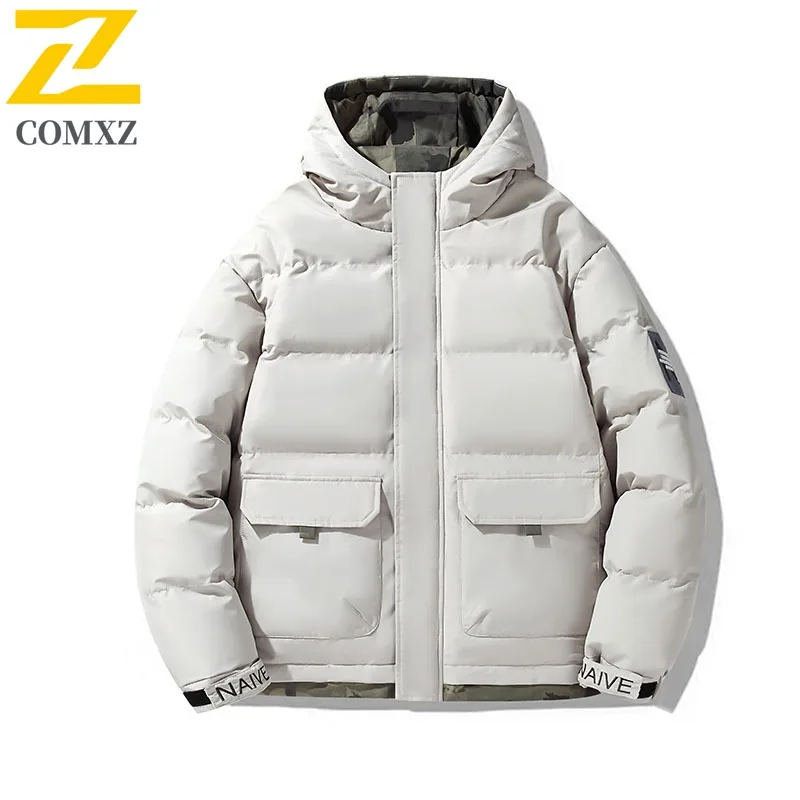COMXZ الرجال الشتاء Preppy سترة مقنعين قسط جديد تنوعا عادية التزلج التخييم الحشو معطف المشي يندبروف وسادة مبطنة