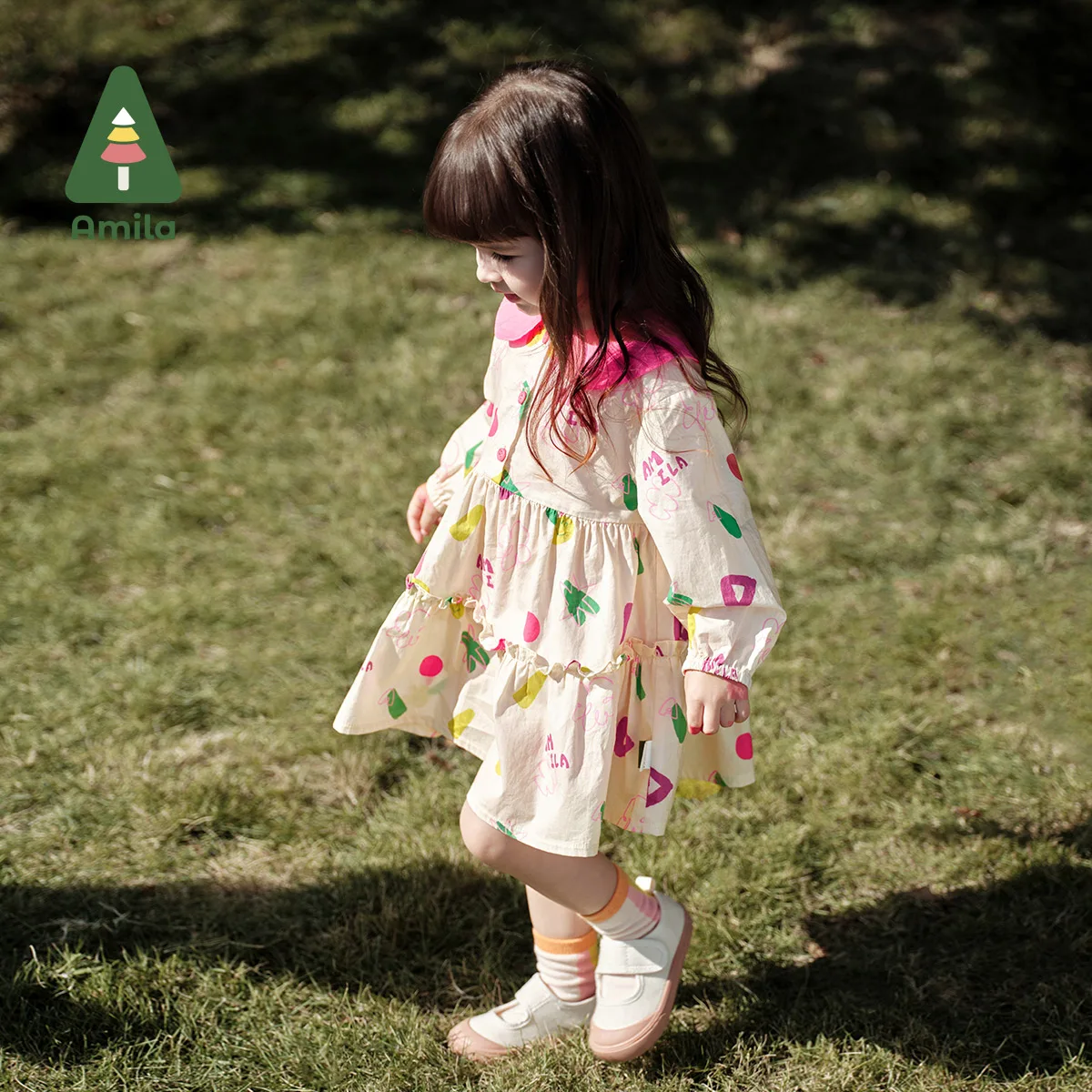 Amila Baby Girl Dress 2024 Spring New Doll collar Cute Sweet Pure Cotton Soft Breathable High Quality Baby Clothing