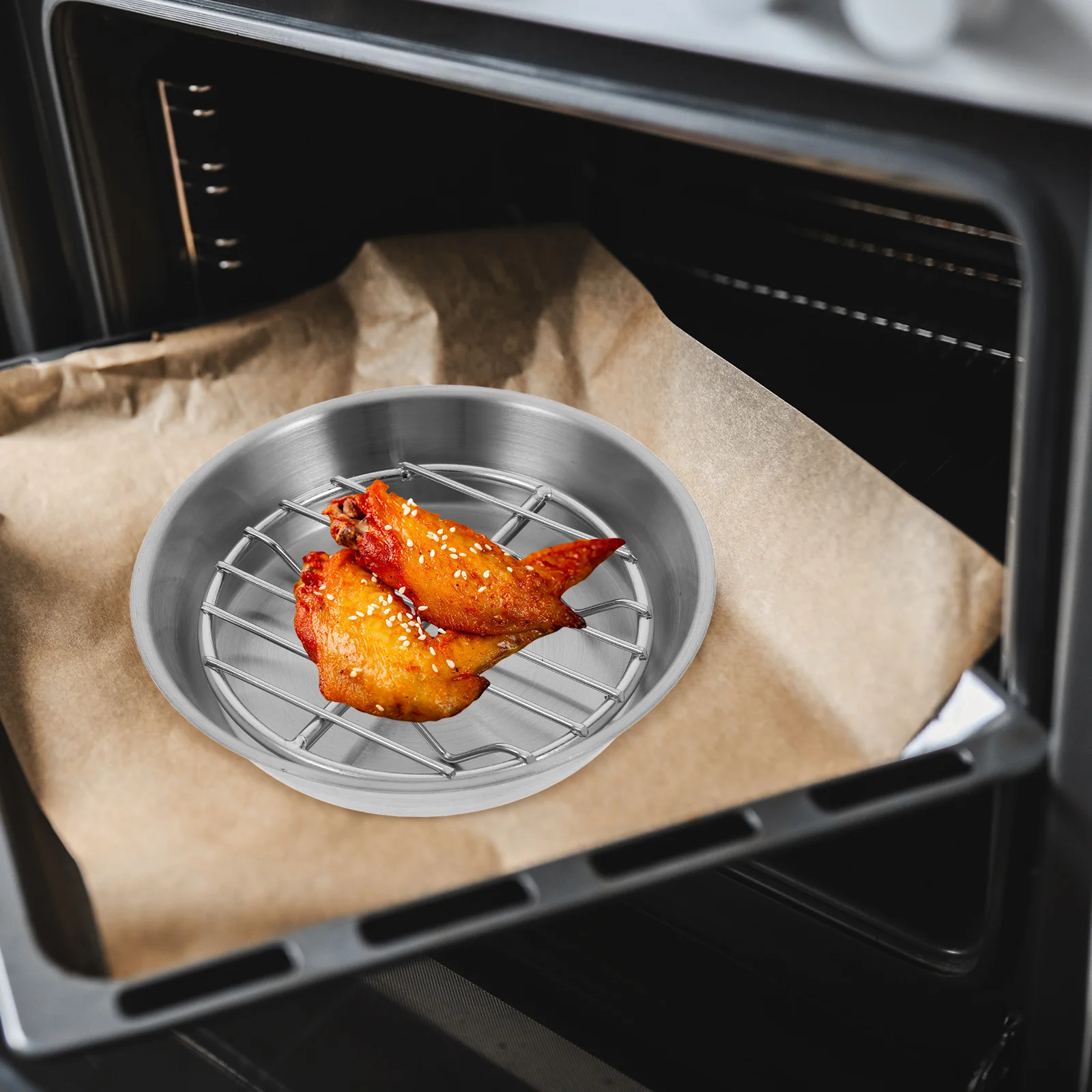 

1Set Stainless Steel Roasting Pan Circular Design Baking Tray Oil Draining Rack Cooling Grill Pan Rust Resistant