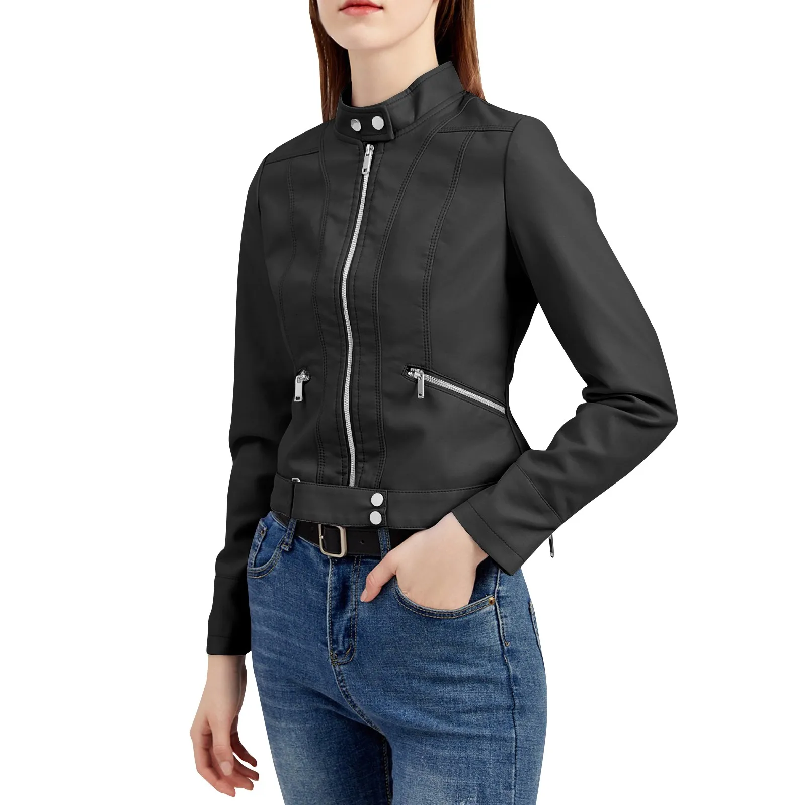 Women'S Faux Leather Jackets Trend Fashion Standing Collar Leather Jackets Spring And Autumn Outdoor Street Style Slim Coat