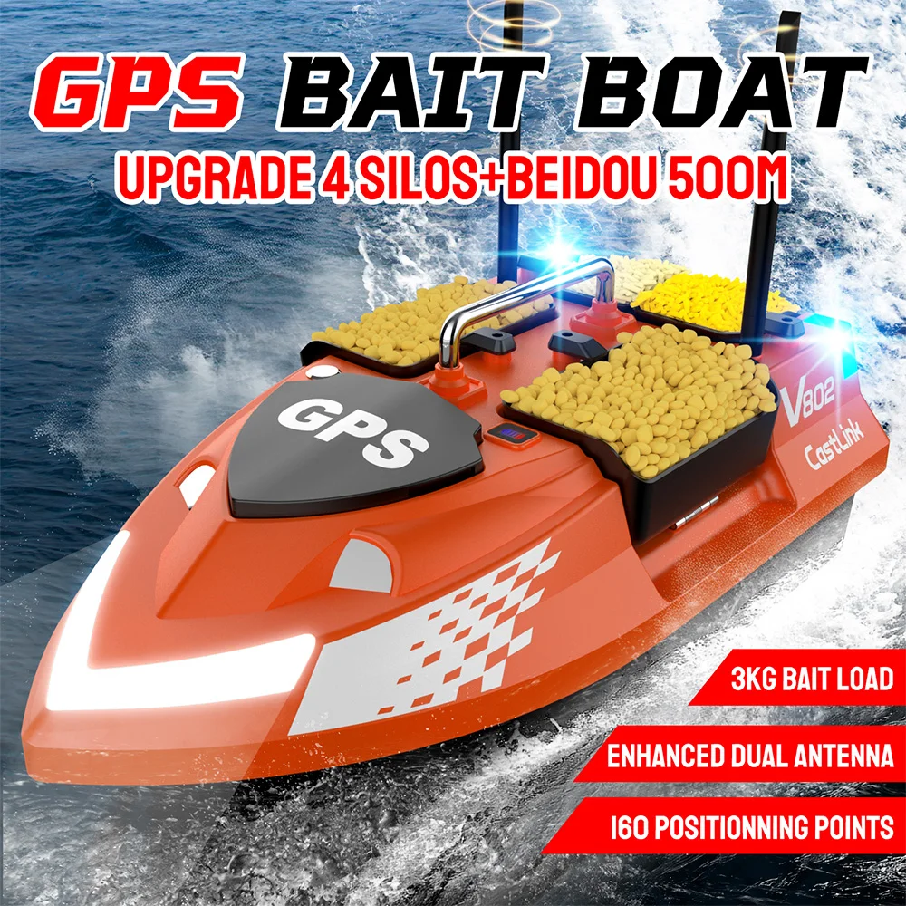 LOKEEVAN V802PRO Bait Boat pour la pêche à la carpe avec double antenne GPS, 4 trémies et lumières, télécommande jusqu'à 500 m