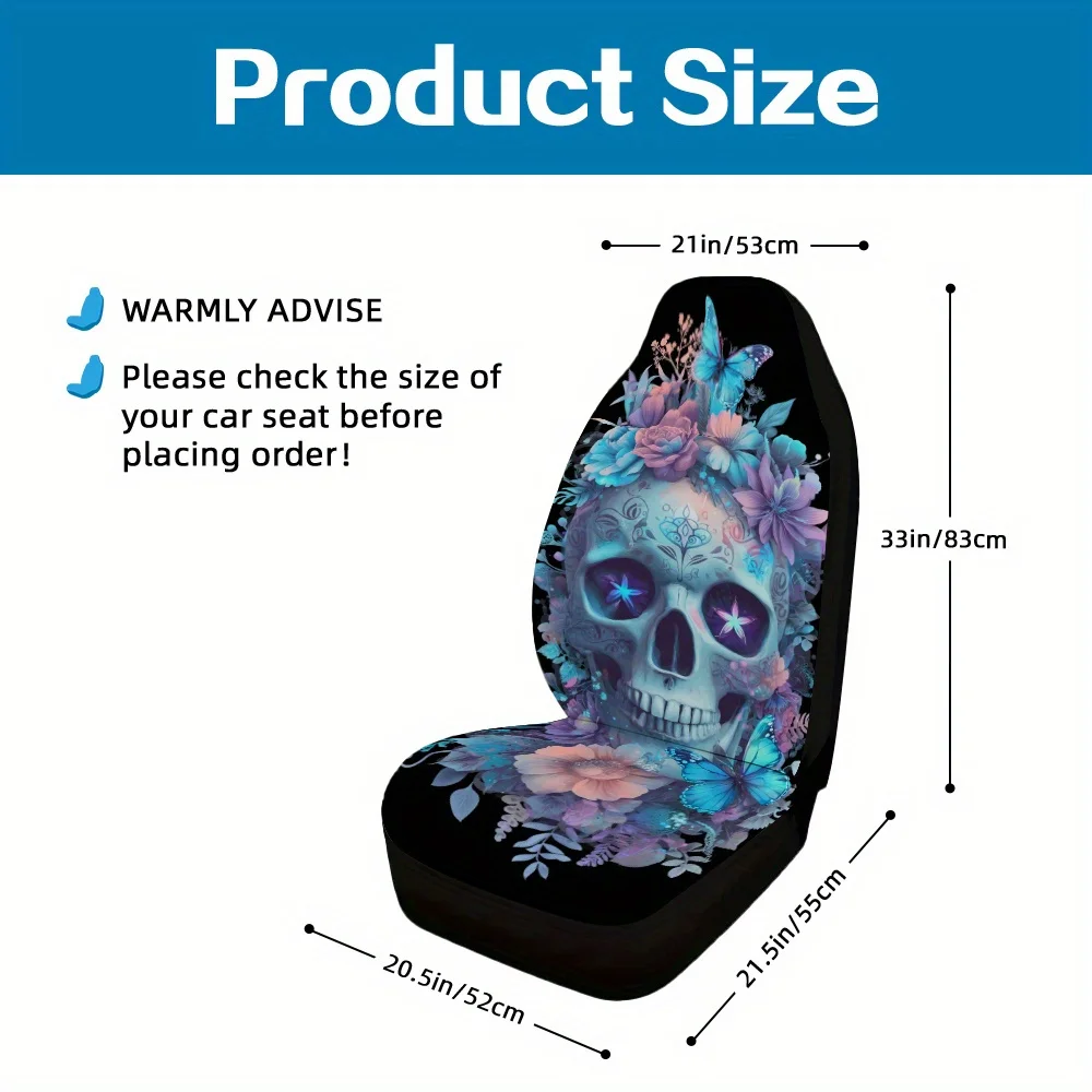 2pcs, Floral Skull Butterfly Pattern Car Seat Covers, Elegant Front Seat Covers For Modern Car Design, Everyday For Driver And P