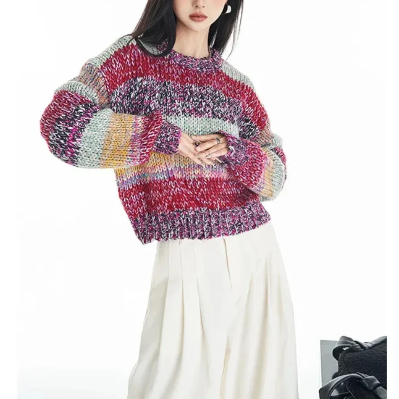 Striped Multi Color Sweater Knitted Crew Neck Jumper Drop Shoulder Rainbow Knitwear Autumn/Winter Woman Clothing