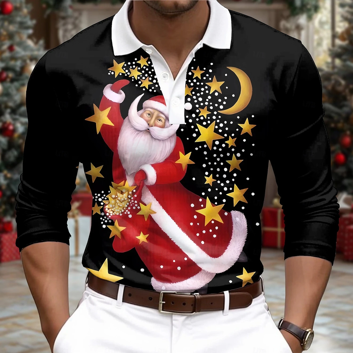 Men's Christmas Santa Claus Graphic Long Sleeve Polo Shirts 3D Print Casual Turndown Button Polo Shirt Outdoor Streetwear