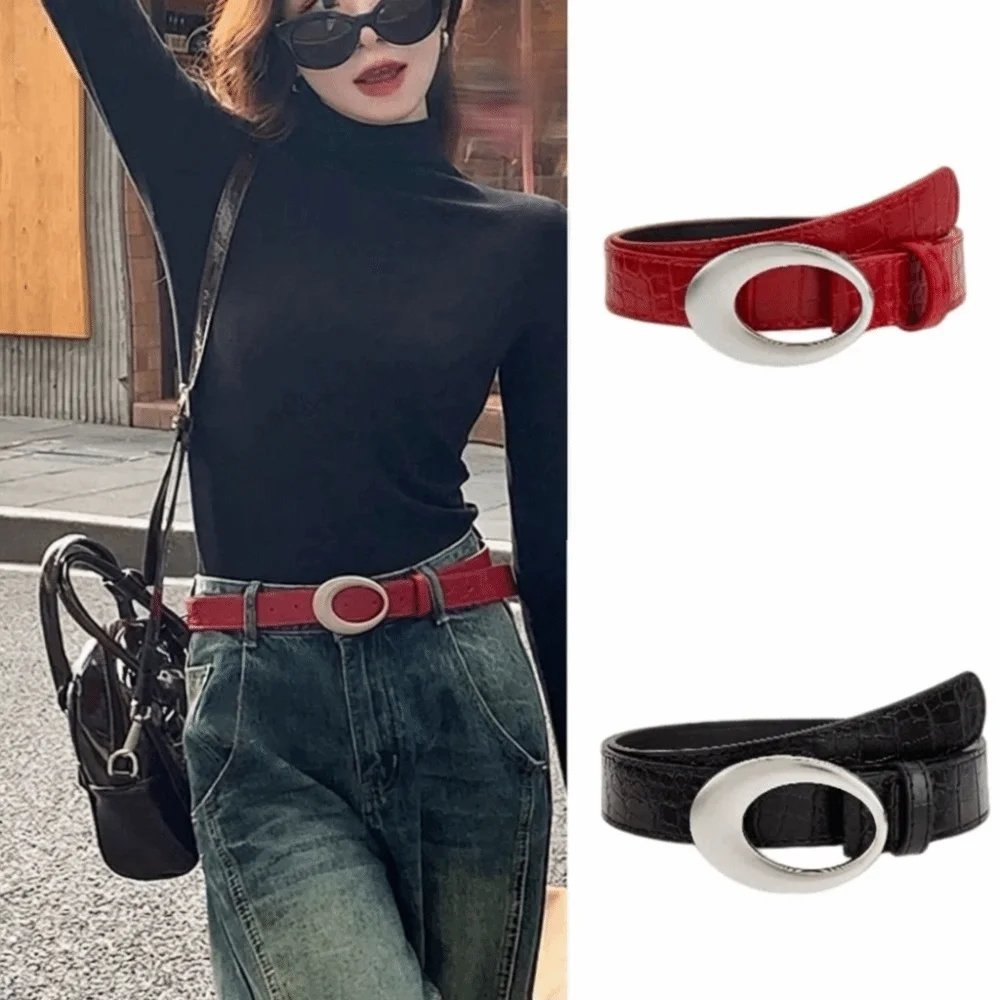 Adjustable Women's Crocodile-patterned Belt Simple Pin Buckle Red Black Waist Belt Imitation Leather Metal Buckle Vintage Belt