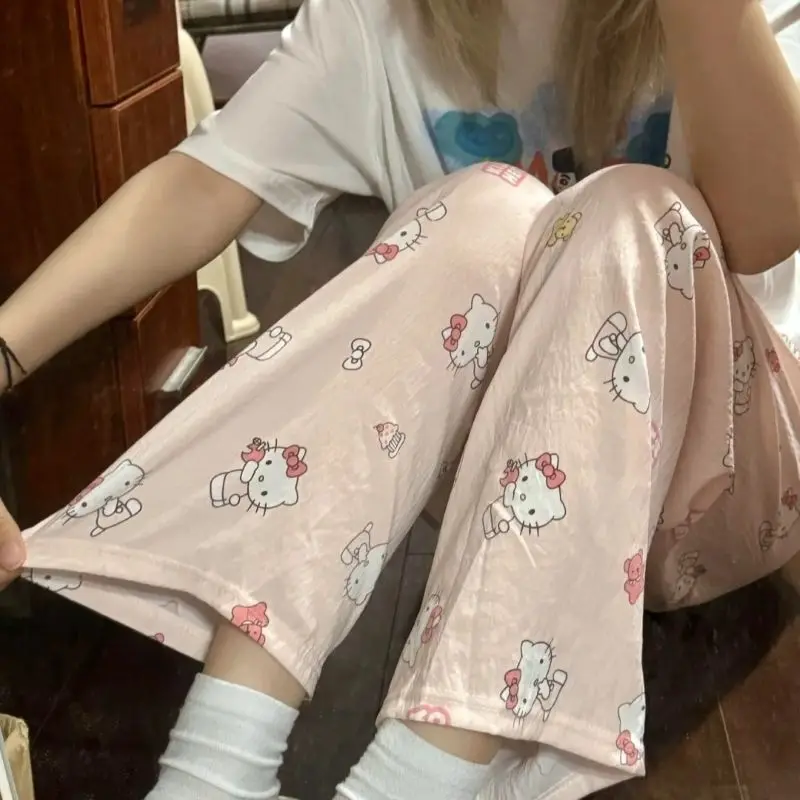 Sanrio Hello Kitty Anime Pajama Pants Cute Spring Wide Leg Pants Kawaii Vintage American Style Cotton Loose Casual Walk Homewear