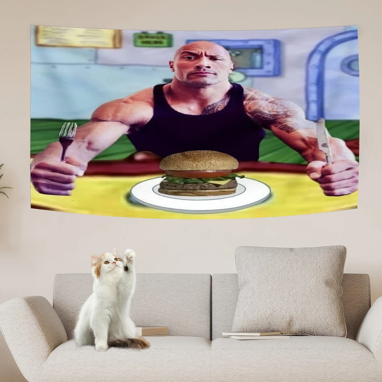 The Rock Johnson Eating Blueberry Pancakes Funny Wall Hanging Kawaii Room Decor Meme Tapestry Bedroom Decoration Aesthetic