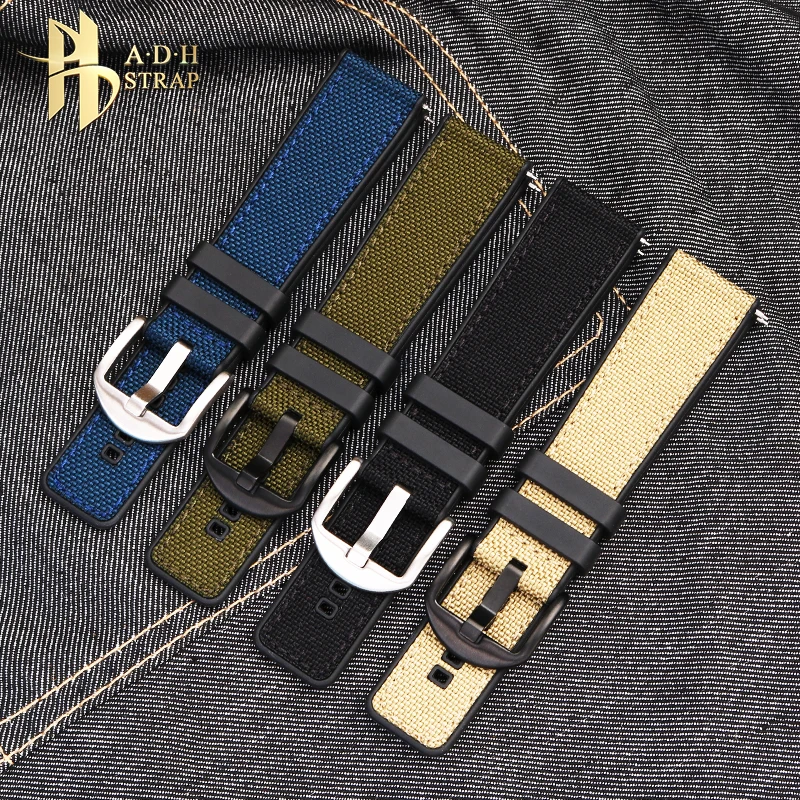 Nylon Watchband with Rubber Bottom Universal For Tissot T125617A T116 Breitling Canvas Strap Waterproof and Sweat Proof 22 24MM