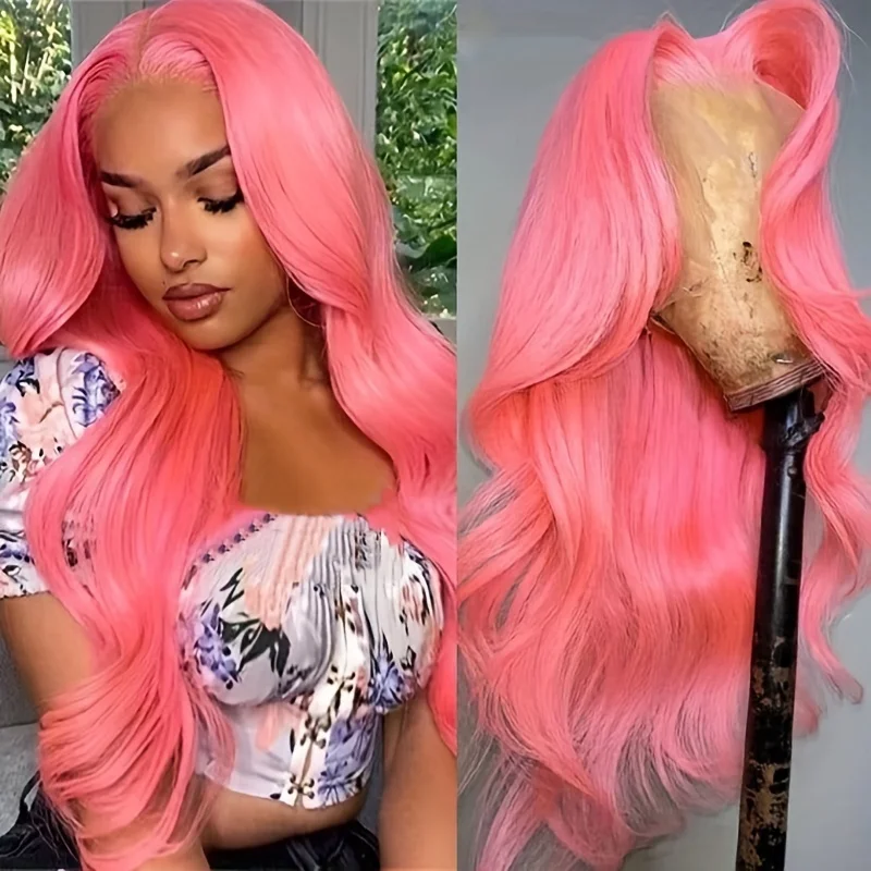 Peluca de cabello humano ondulado con encaje Frontal, pelo brasileño transparente, color rosa, 13x4, 200 de densidad