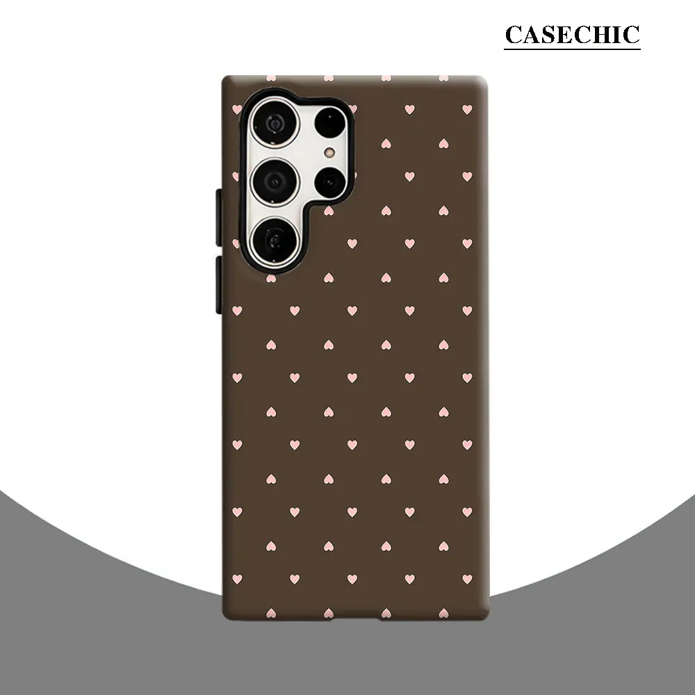Tan Background Light Blush Heart Phone Case for Samsung Galaxy S26 S25Ultra S24 S23Ultra Plus Shockproof Double layer Back Cover