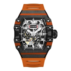 HANBORO Men Automatic Watch Luxury Tonneau Mechanical Wristwatch 50M Waterproof Luminous Skeleton Carbon Fibre Bezel Steel Case