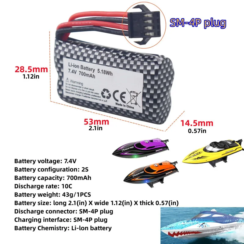 7.4V 700mAh LiPo Battery With USB Charging Cable For HJ812 HJ811 RC Ship,High-Speed Electric Fast Boat Battery With SM-4P Plug