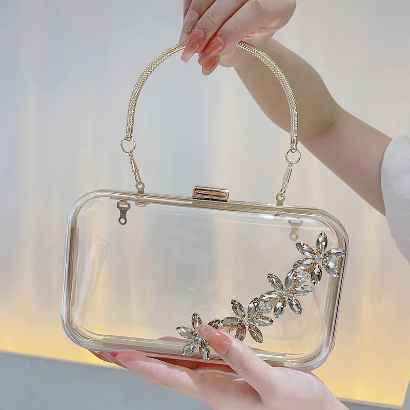 

Luxury Transparent Acrylic Evening Bags Floral Print Chain Shoulder Crossbody Bags Ladies Party Wedding Clutch Square Handbags
