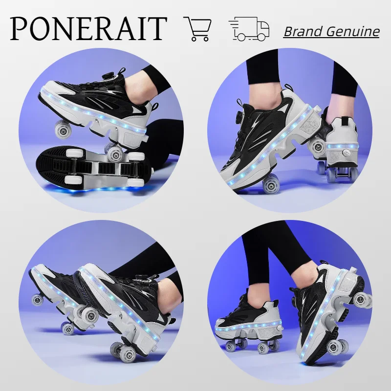 PONERAIT Shoes With Wheel PU leather Knob Adjustment Roller Sneakers New Deform Parkour Skates Shoes For Girls Special Gift