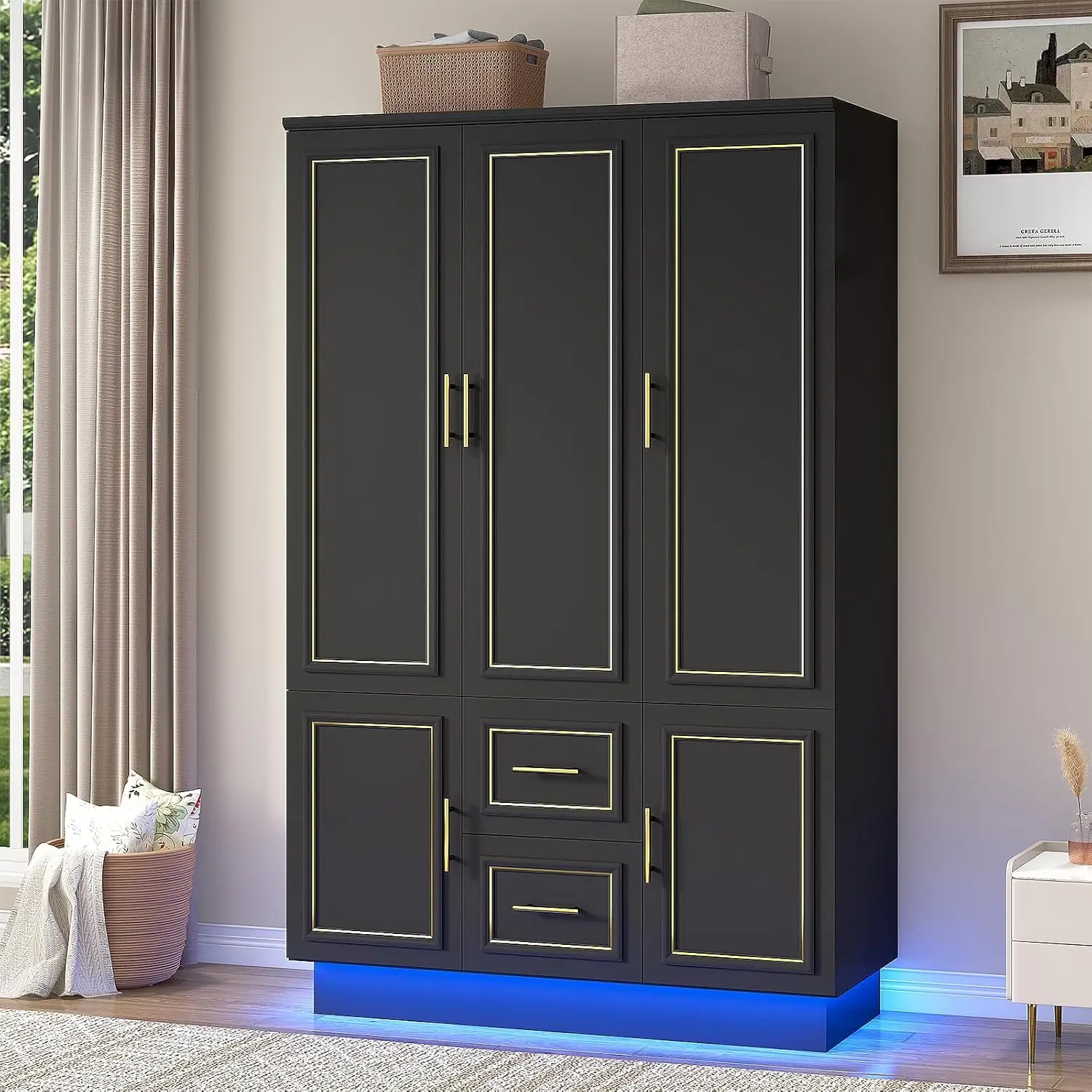 75” Tall 3 with 2 Drawers and LED Lights, Modern Closet Wardrobe Cabinet with Shelves and Hanging Rod, Freestanding Wooden Armoi