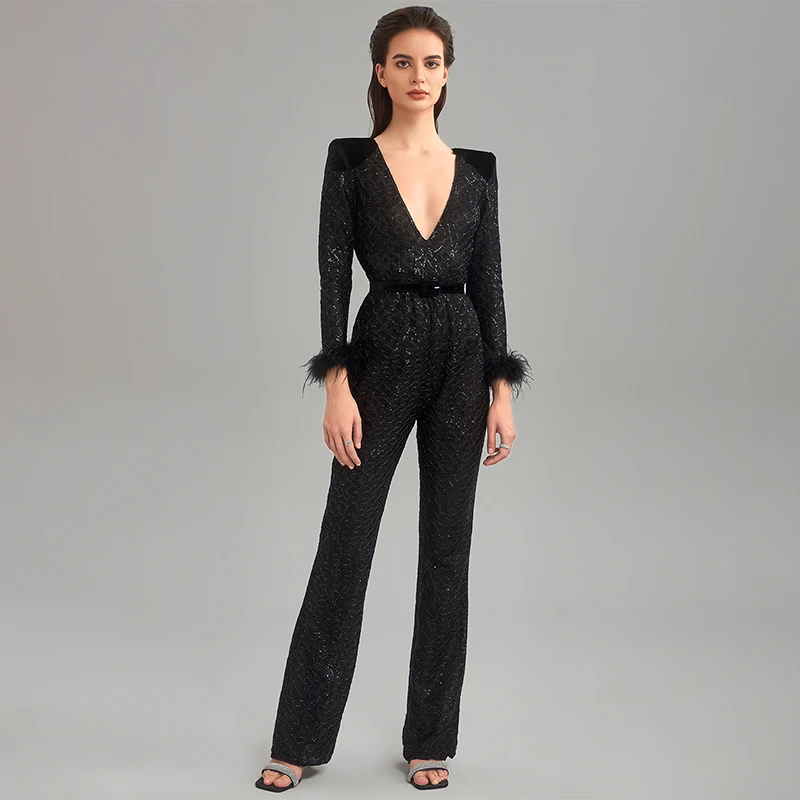 

Women's New Fashion V Neck Long Sleeve Black Jumpsuit Elegant Sexy Collar Feather Cuffs Waist Belt Slim Fit Sequin Jumpsuit