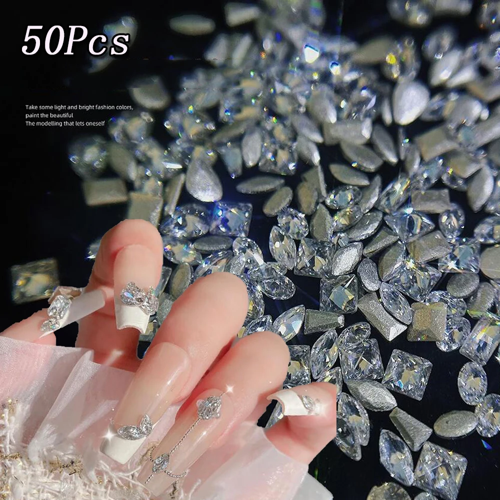 50Pcs Mixed Size Flat Bottom Zircon Diamond Nail Charms 2-3mm Gemstones Mini Nail Art Rhinestone Multi Shapes Crystal Nail Gems