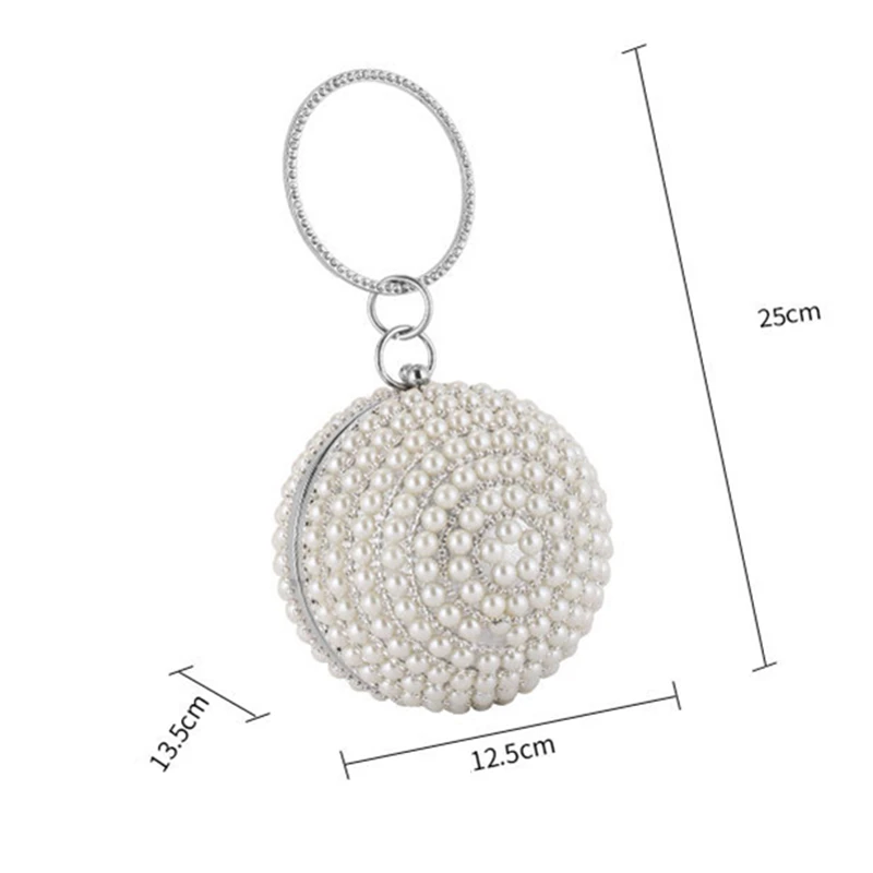 Luxury Pearl Round Evening Bag with Chain Women Girls Glitter Rhinestones Party Wedding Handbag Ladies Small Crossbody Purses