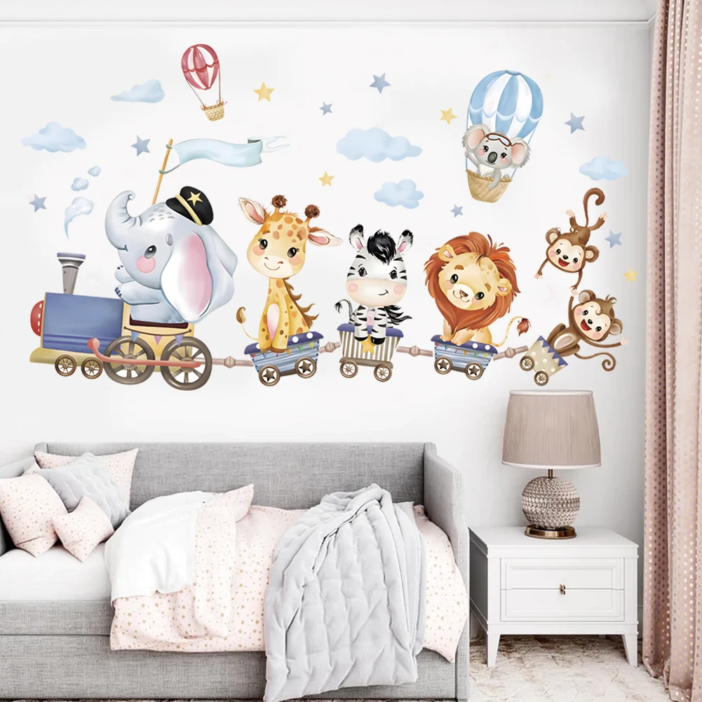 Cartoon Animals Ride On Small Trains Bedroom Decals Wall Stickers For kids Rooms Children Bedroom Wall Decals 3d vivid Poster