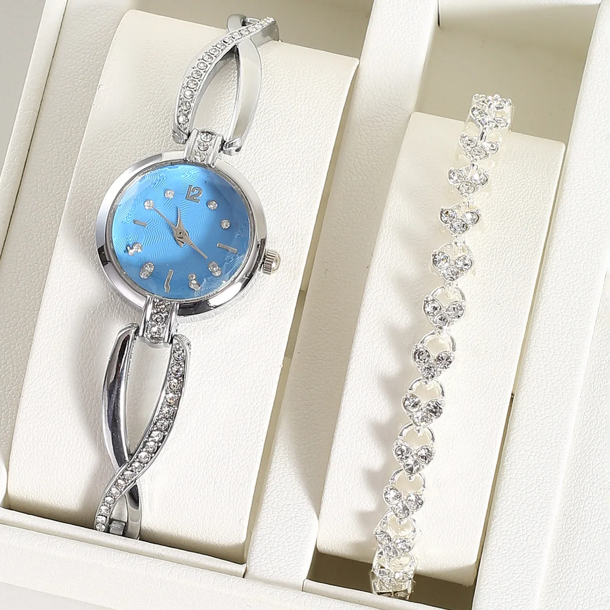1 قطعة/2 قطعة مجموعة ساعات نسائية فاخرة حزام فضي السيدات كوارتز ساعة اليد سوار معدني للسيدات طقم مجوهرات ساعة هدية #2