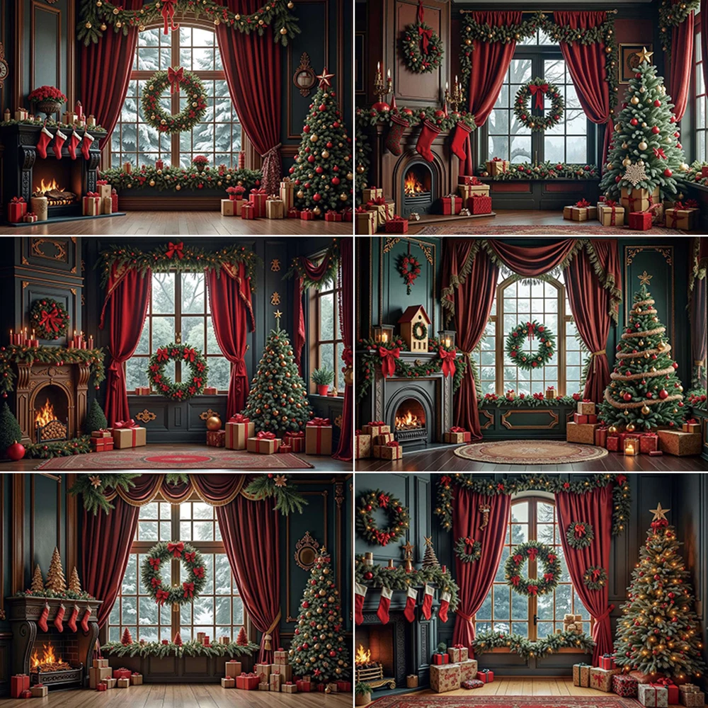 

MOON.QG Luxury Christmas Trees Background Photography Snow Pine Curtain Window Arch Door Backdrop Photographic Studio Supplier