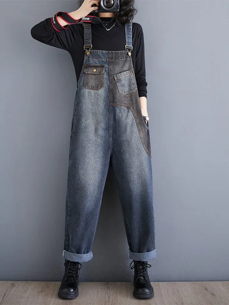 

Design Splicing Contrasting Color Denim Jumpsuits Vintage Straight Leg Workwear Overalls Women Spring Autumn High Waisted Jeans