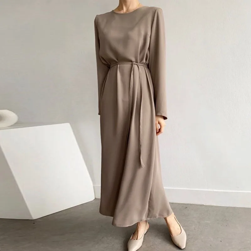 Chic Early Spring Mat Round Ne Color Belted Waist Slimming Skin-Friendly Long Sve Dr Maxi Dr